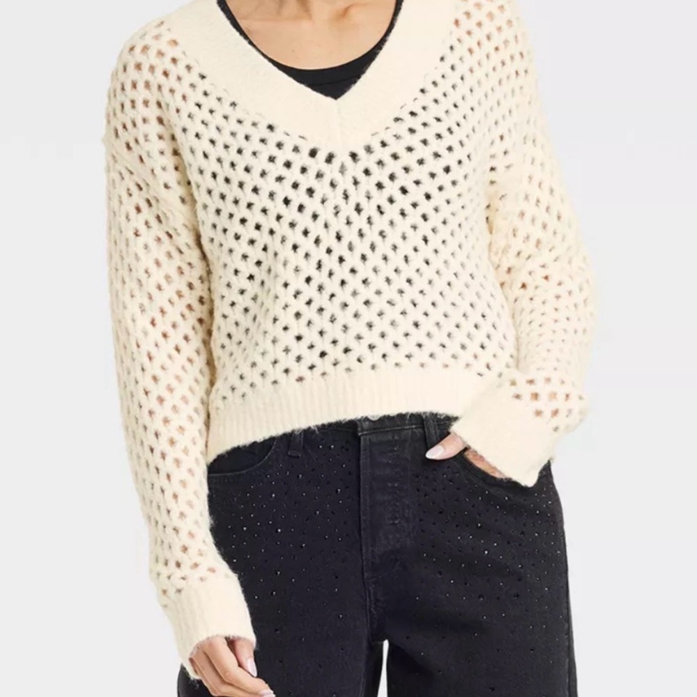 Cream V-Neck Open Knit Women's Sweater